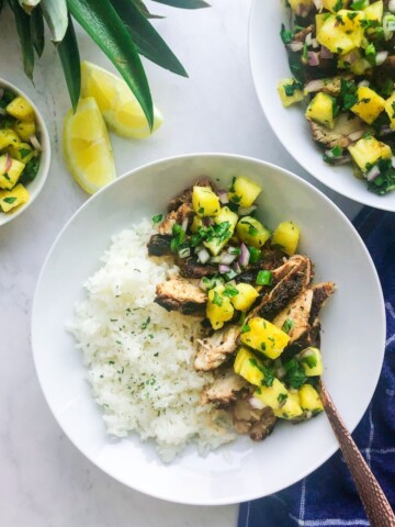 Jerk Chicken with Pineapple Salsa in a bowl.