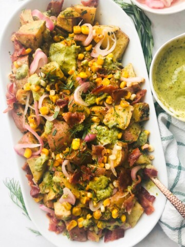 Warm Herb Potato Salad with a side of poblano sauce.