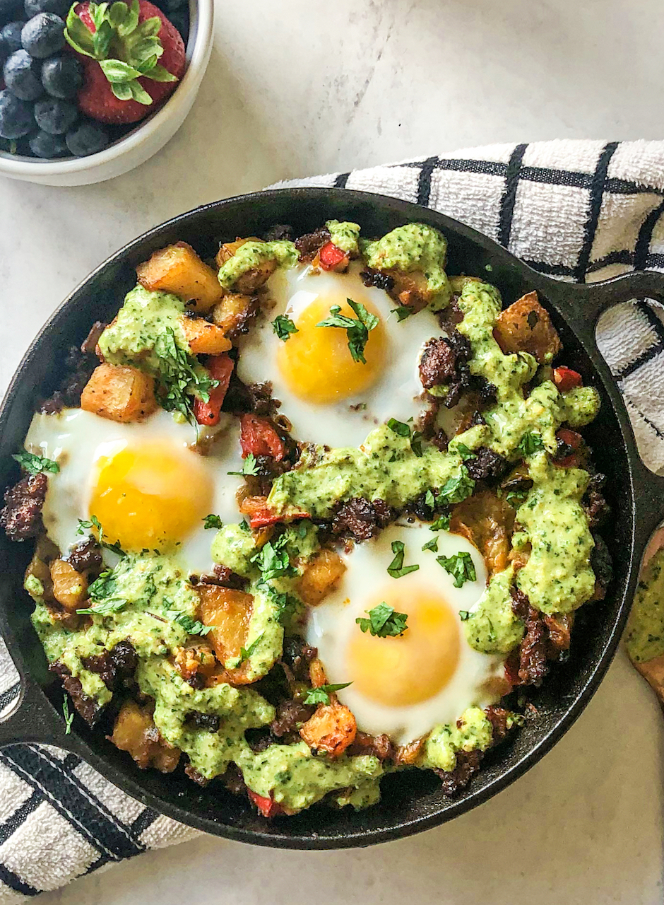 overhead view of chorizo has in a skillet