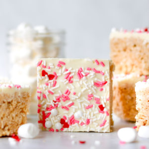 Rice Krispie Treat Valentine's Themed One Bar Flat showing the top with sprinkles.
