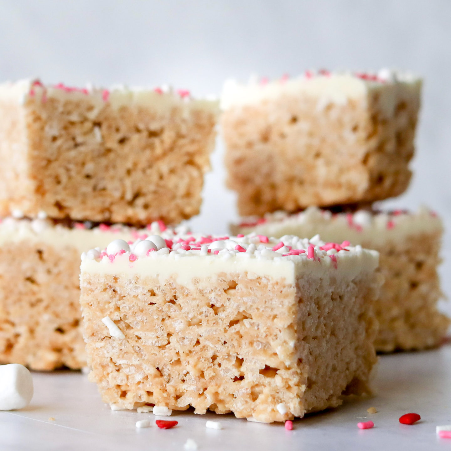 Valentine's Cereal Bar with side view of rice krispie cereal baked bars. 