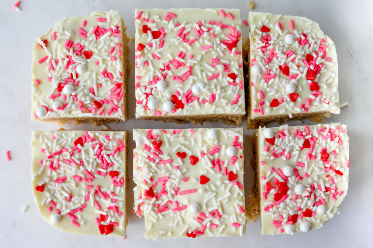 Valentine's Cereal Bar Image From The Top Showing 6 Bars with Sprinkles on Top.