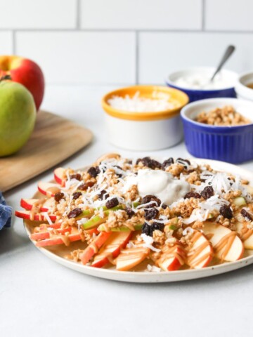 Apple nachos served on a small plate dressed with peanut butter, raisins and shaved coconut.