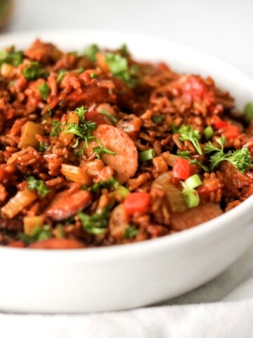 Savannah red rice in a white bowl.