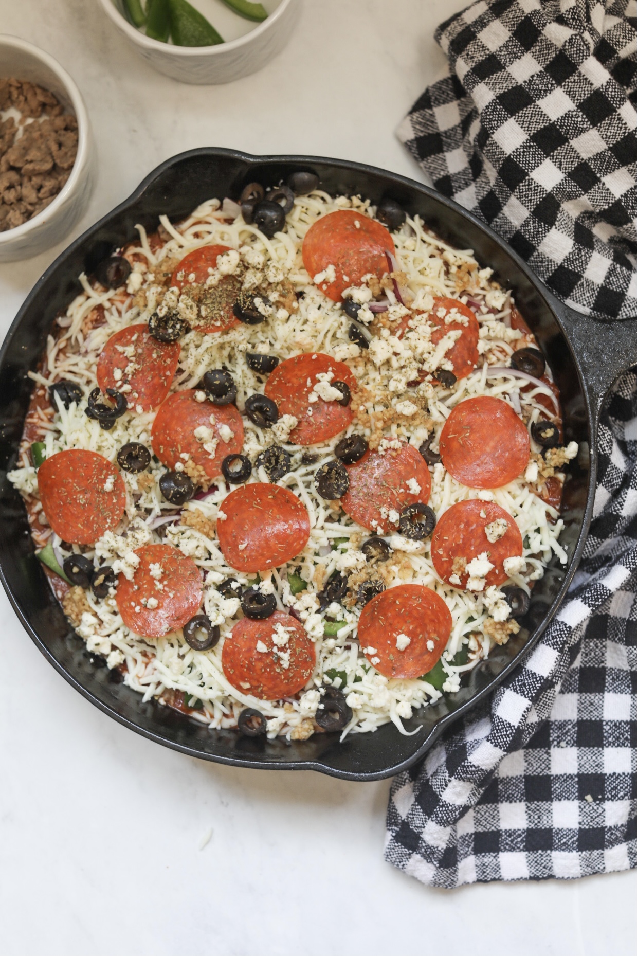 assembled pizza casserole prior to baking