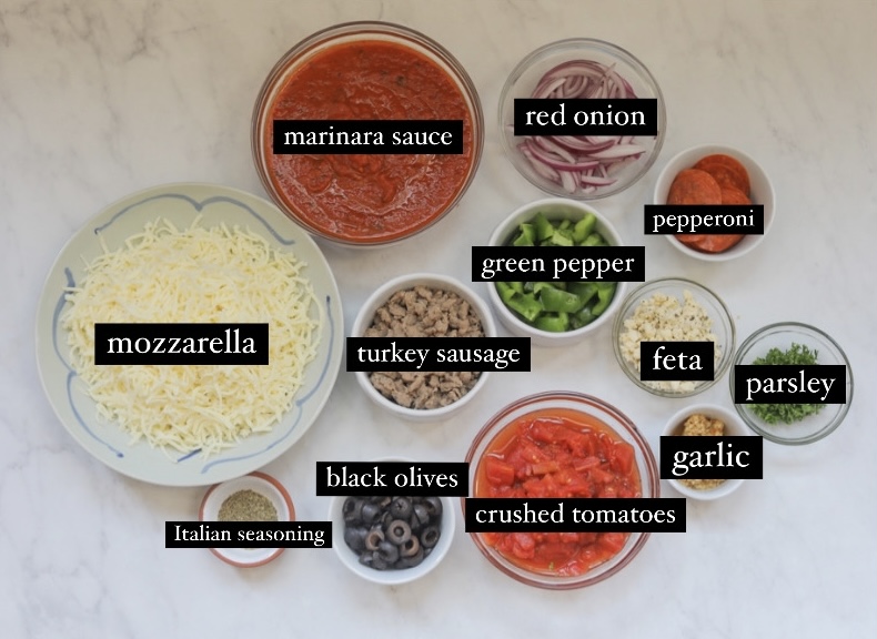 easy pizza casserole recipe assorted prepped ingredients