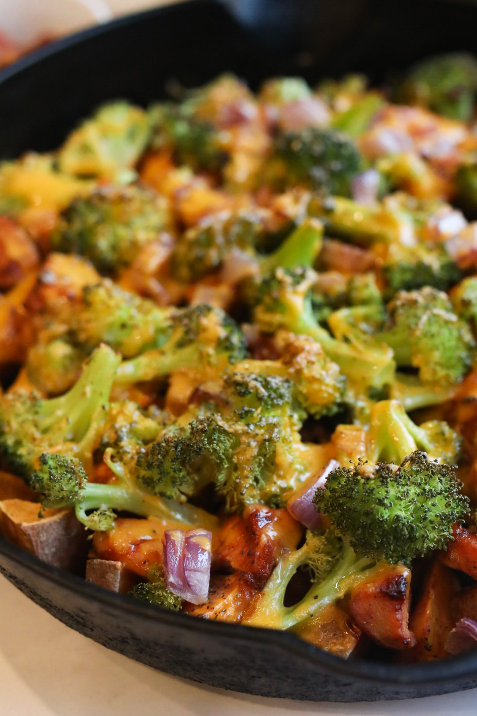 BBQ Chicken Sweet Potato Skillet in black cast iron.