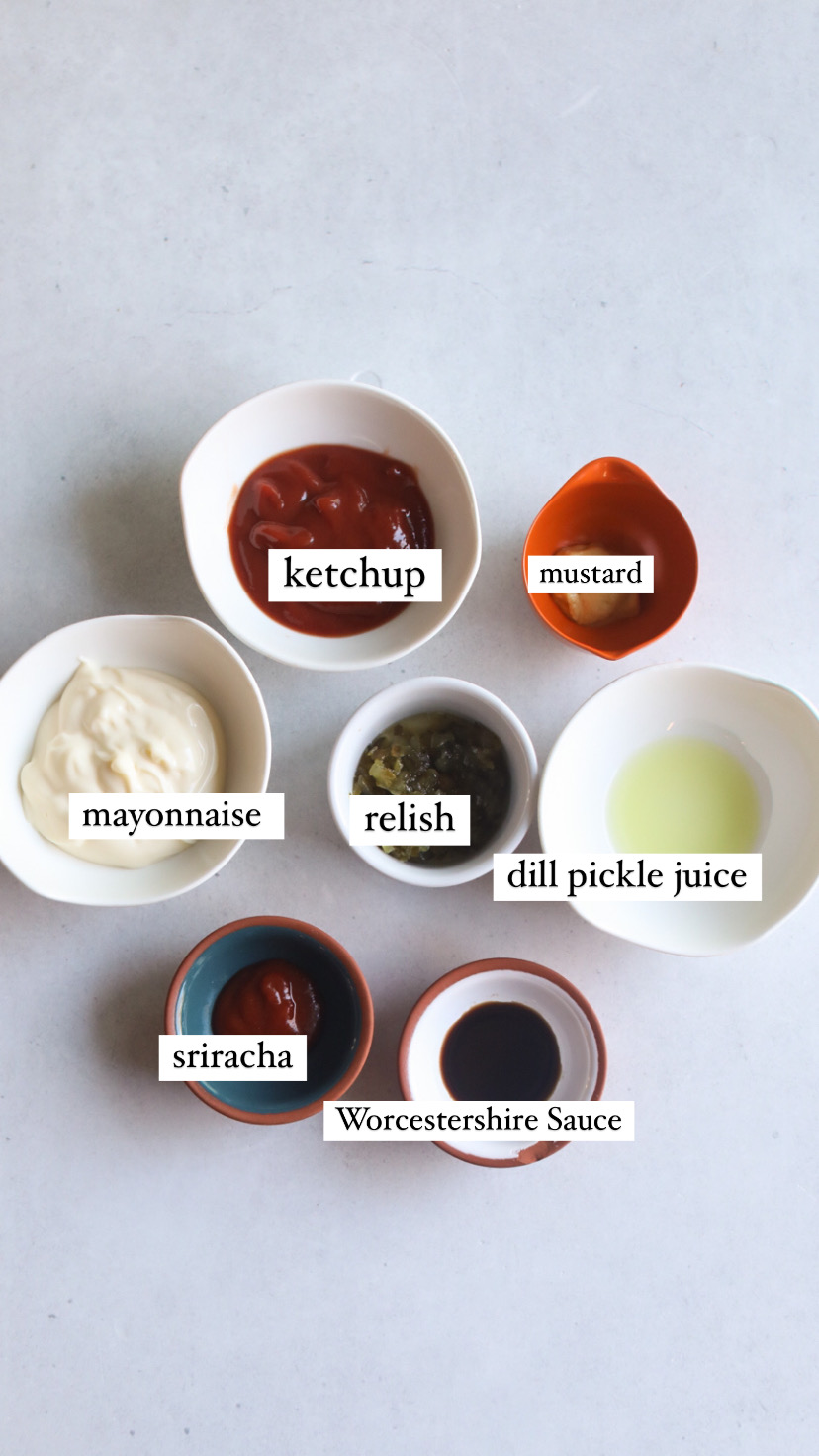 Burger sauce ingredients on a flat lay with listed ingredients and text labels. 
