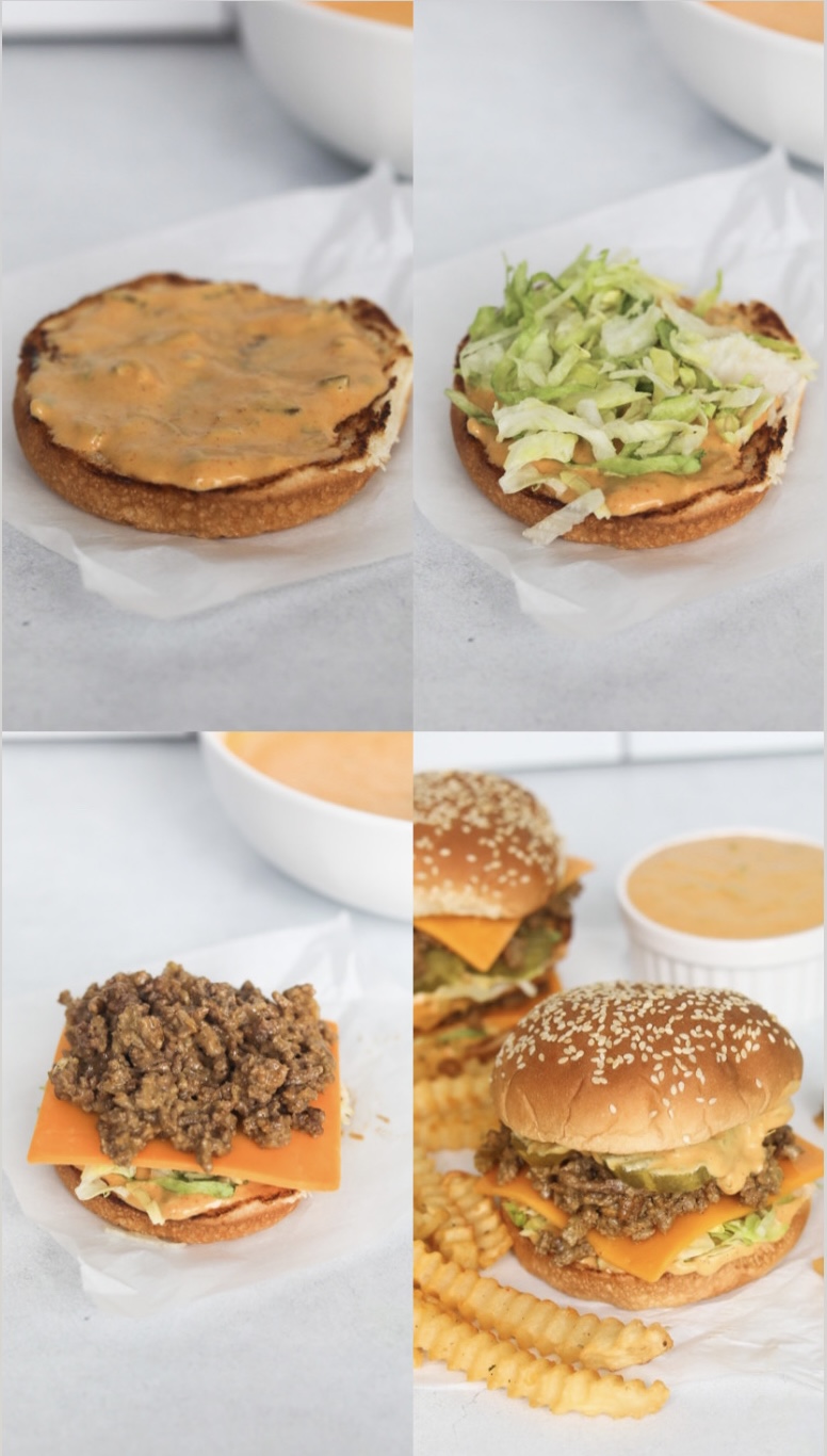 Process shot with four images in a collage with images showing step-by-step process of assembling the burger.