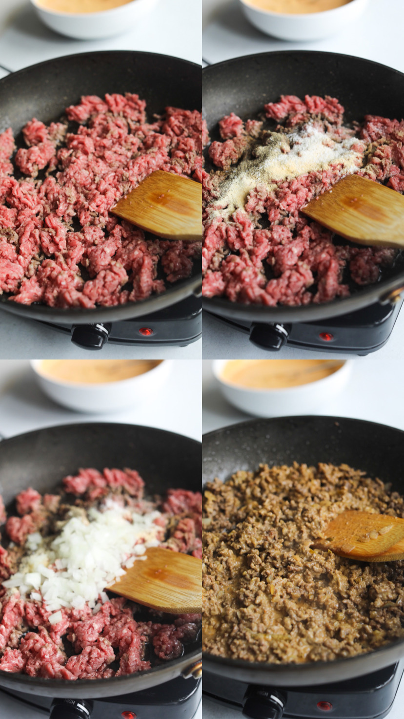 Process shot for Big Mac Sloppy Joe with four photos in a collage showing step-by-step images with ground beef, seasonings, onions and finished image.