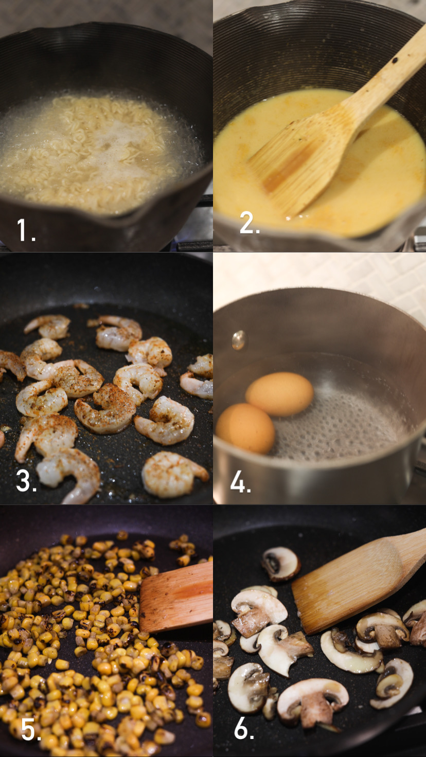 Cajun Shrimp Ramen Noodles recipe with step-by-step images showing progression of the recipe starting with ramen noodles, noodle broth, sauteed shrimp, eggs boiling, roasted corn and number 6 with mushrooms sauteeing.