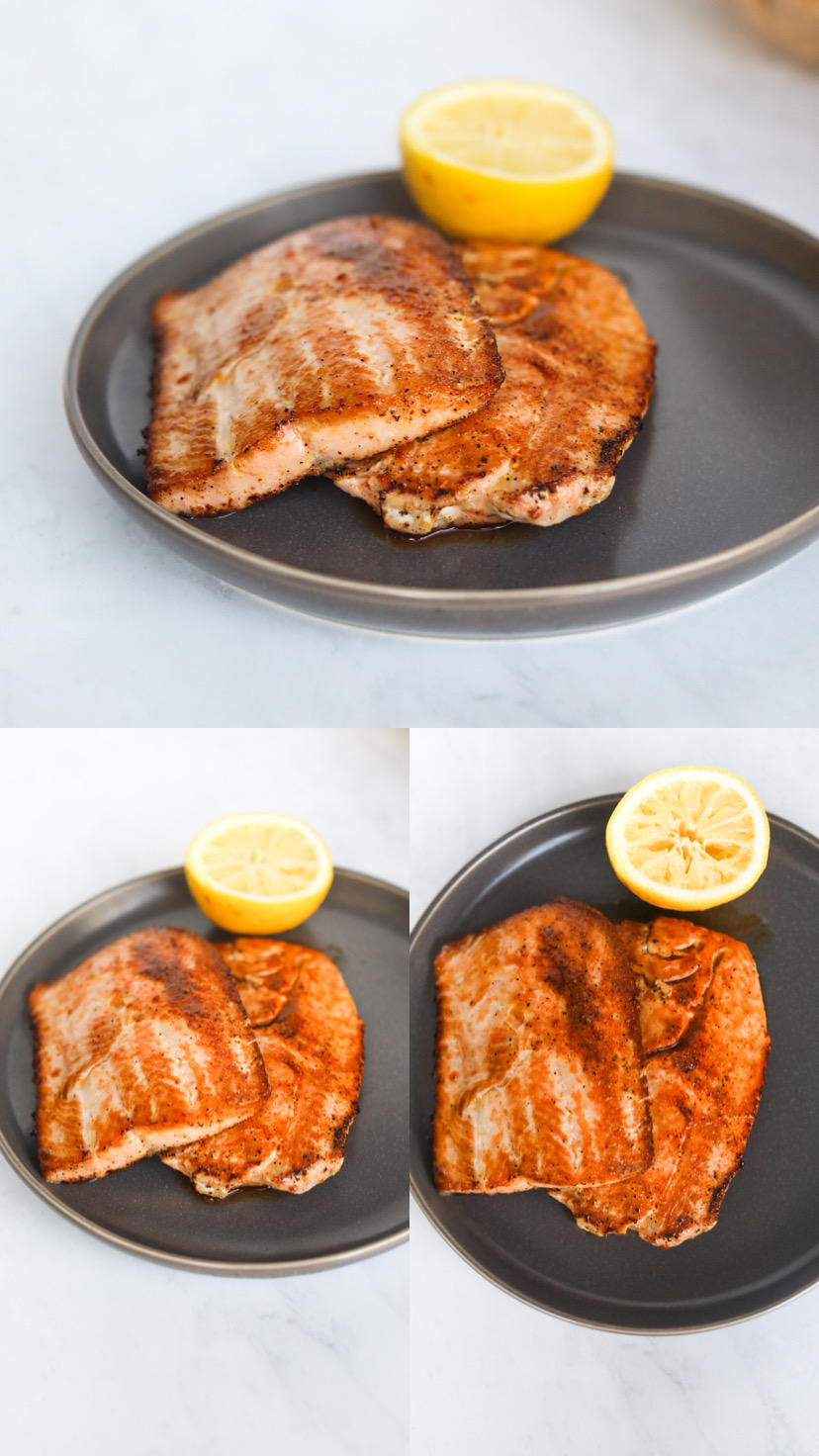 Cooked Cajun salmon (two pieces) on a black plate with a used half of lemon. Three photos in a collage to show different angles of the cooked salmon. 