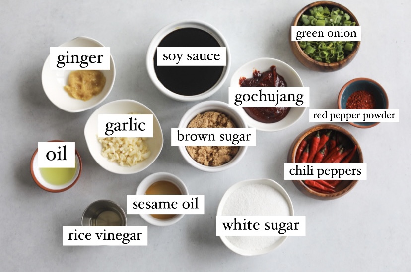 Spicy Chicken Teriyaki Ingredients in small bowls in a flat lay style.