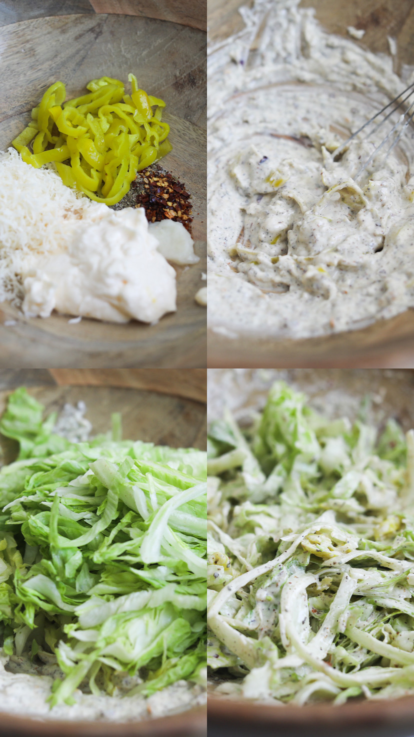 Step-by-step collage of images showing grinder salad recipe.