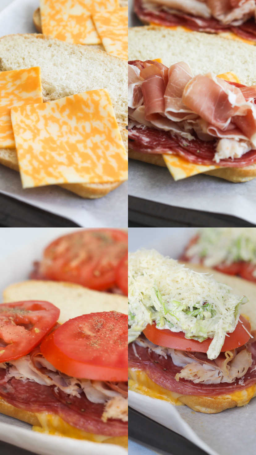 Step-by-step collage of four images showing each layer of building the grinder sandwich. Starting from cheese and crusty bread, Italian meats, tomato and grinder salad added on top.