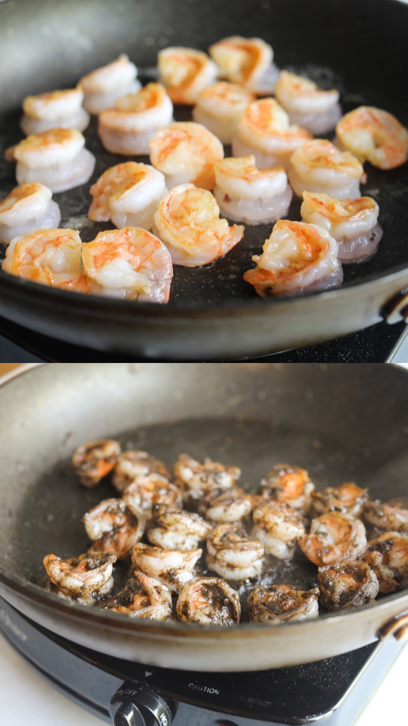 Jerk shrimp cooking in a pan that is in a collage. The top image consists of shrimp unseasoned in a pan and bottom image has jerk marinade added cooking. 