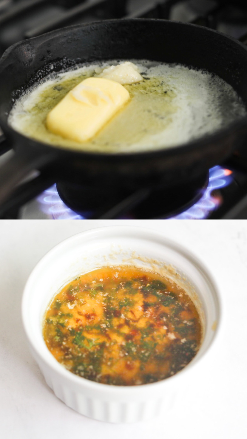 Garlic butter sauce image collage. Top image with melting butter in a black cast iron skillet, bottom image is cooked garlic butter sauce in a white ramekin.