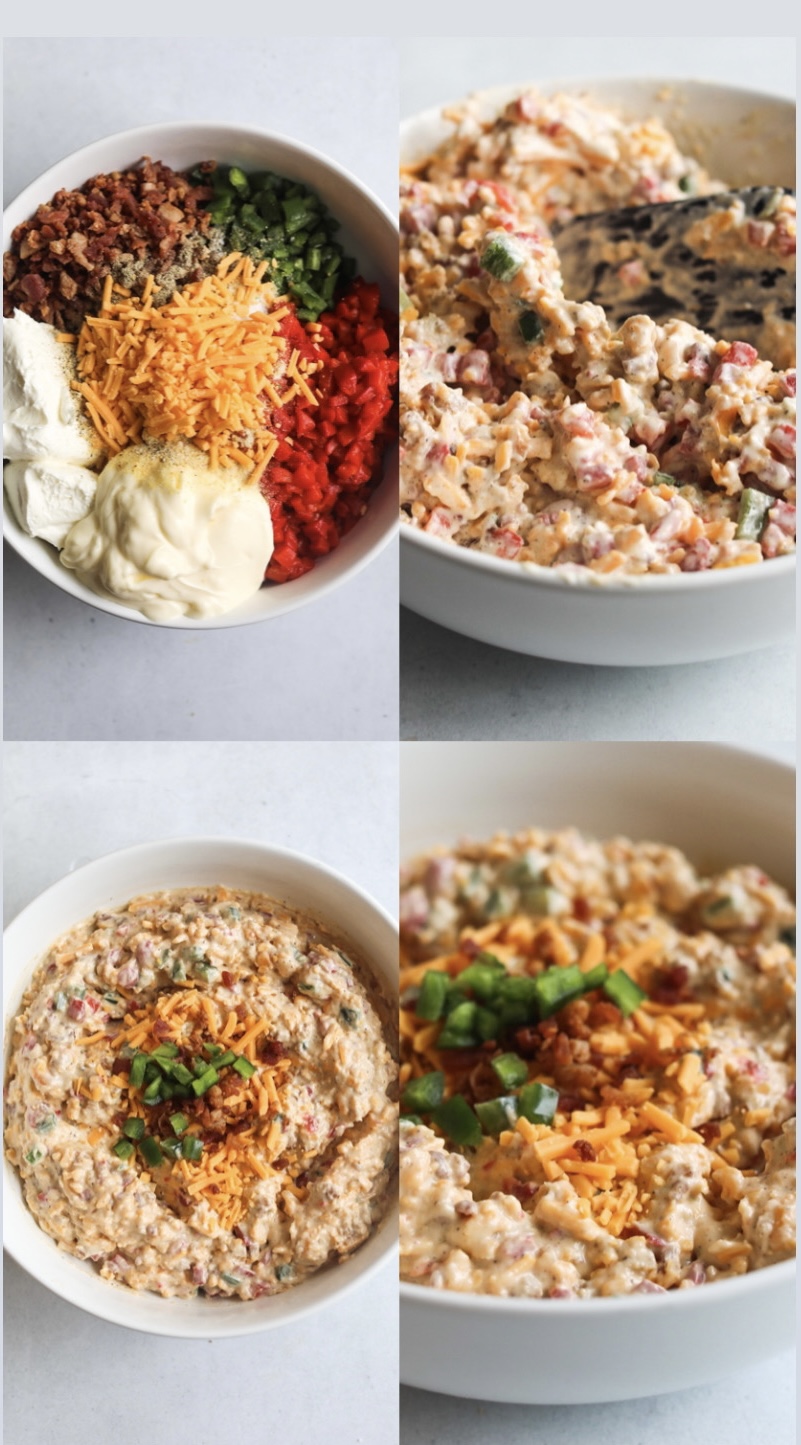 Image collage with four images showing process of making jalapeno pimento cheese. Frist image on the top left shows ingredients in a bowl. Second image on the top right shows pimento cheese stirred. Third image is stirred pimento cheese in a white bowl and last image is a closer up image of spicy pimento cheese.