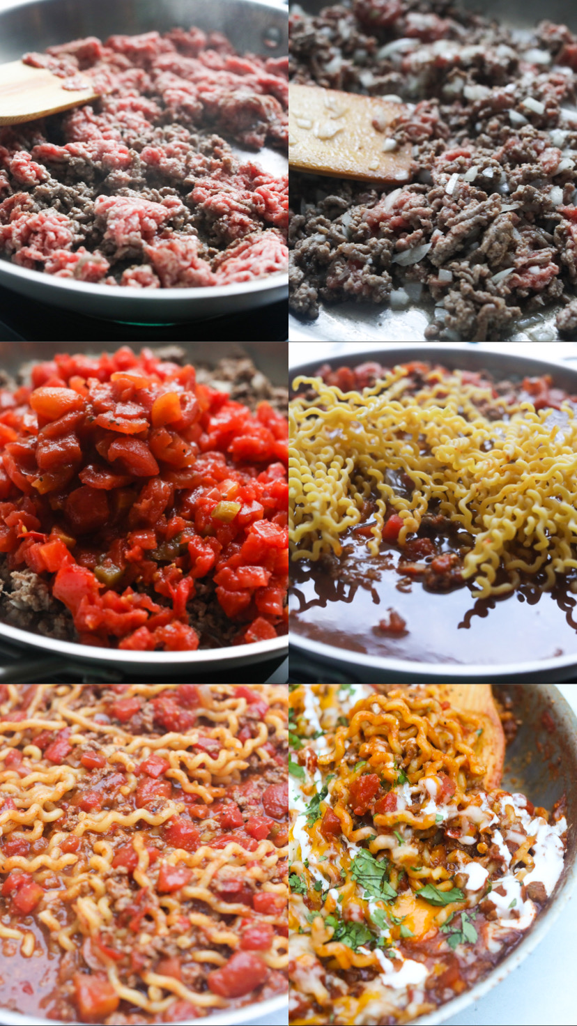 Taco spaghetti process shots with six images in a collage. Images begin with just ground beef and onion, tomatoes, pasta, stock, noodles and toppings are added to show cooking progression of recipe.