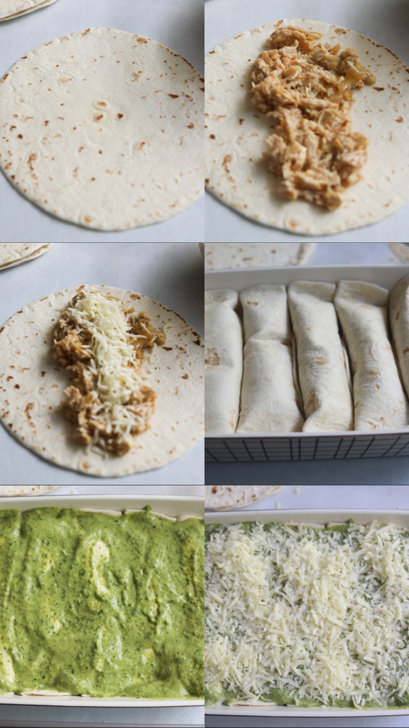 Process shot grid of chicken enchiladas with green sauce. Six images with tortilla, tortilla with shredded chicken, topped with cheese, rolled tortillas in a baking dish, topped with green sauce and topped with cheese ready for baking.