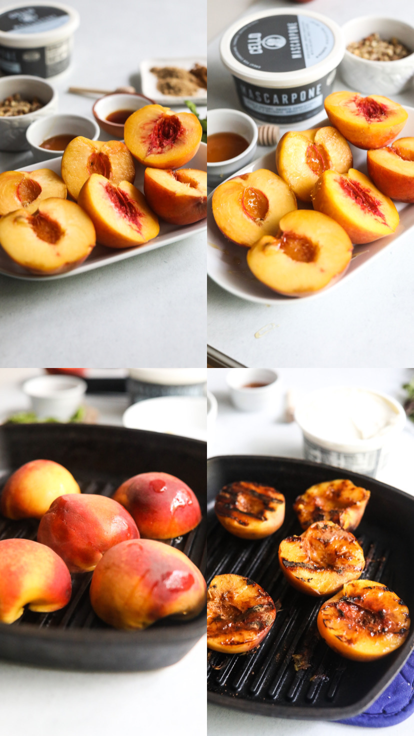 4 images of peaches being grilled