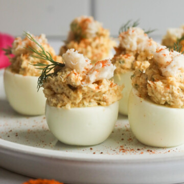close up view of crab deviled eggs