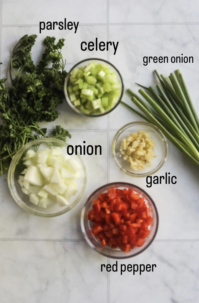 overhead view of onion, garlic, green onions