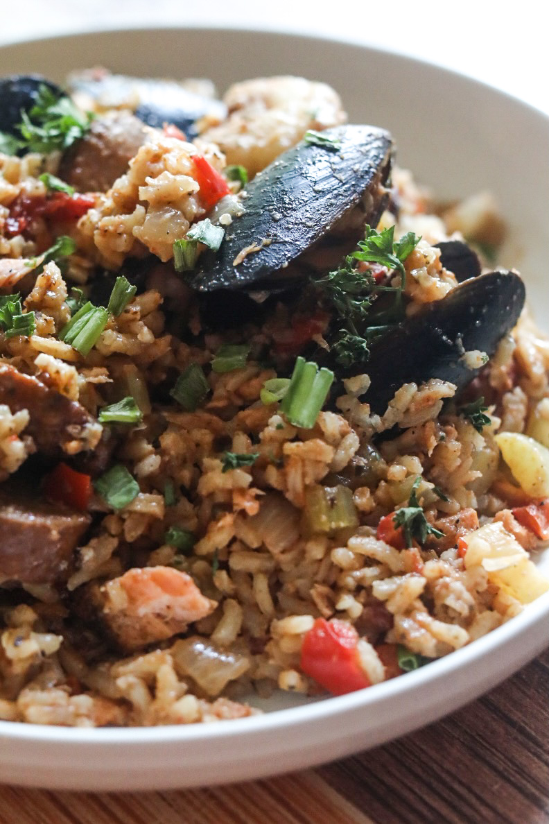 close up view of a bowl of seafood jambalaya