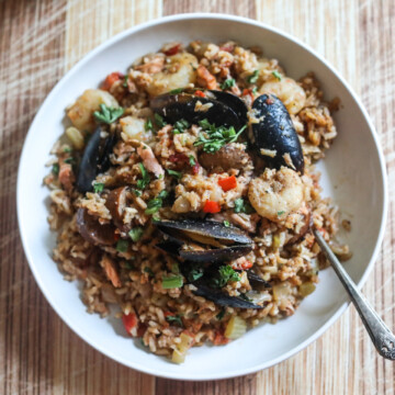 overhead view of a bowl of seafood jambalaya