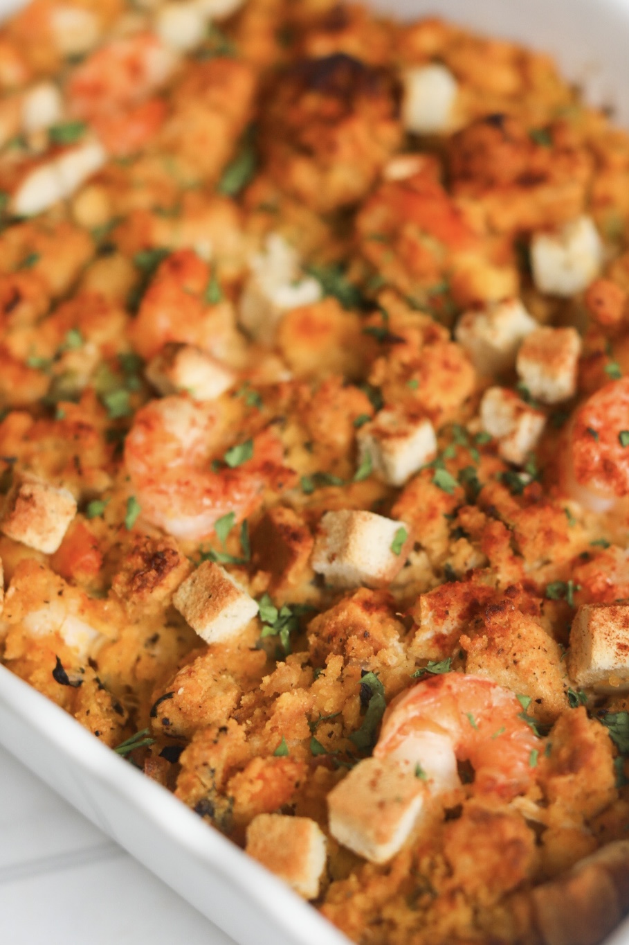 seafood cornbread dressing close up of seafood cornbread dressing