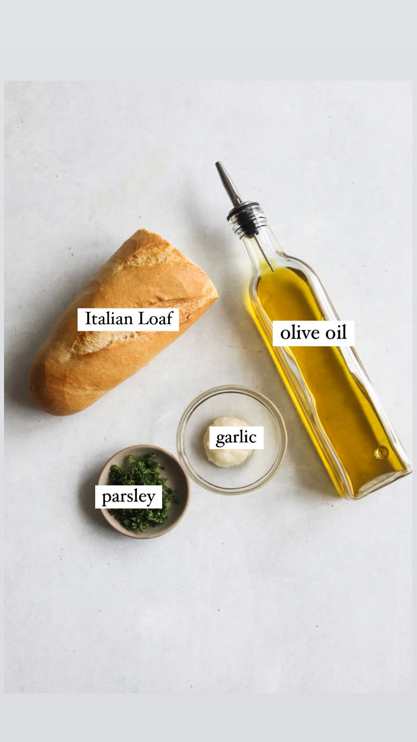 Crouton ingredients in a flatlay with ingredient labels.