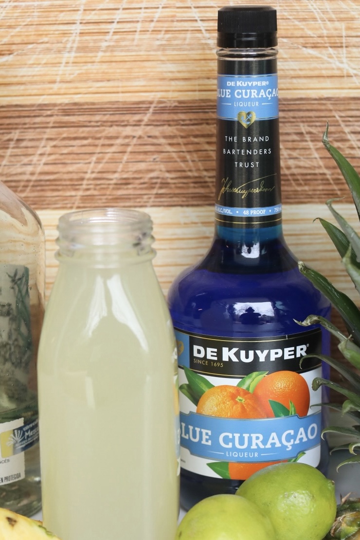 Image to show brand of blue curaçao. Bottle with blue contents with a label that has oranges on it for styling purposes. 