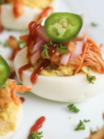 BBQ chicken deviled eggs featured image.