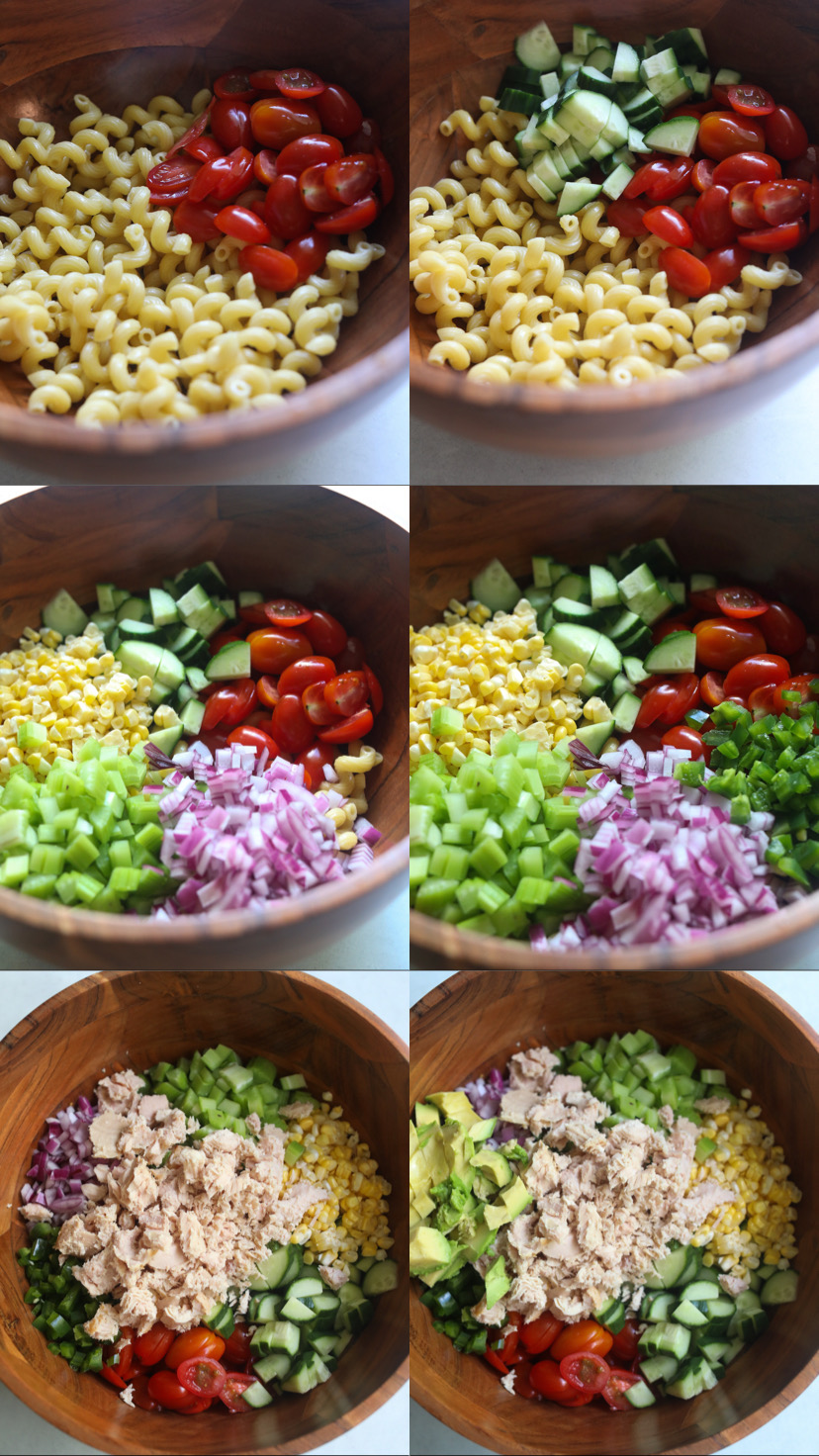 Pasta salad with tuna process shot collage. Wooden bowl with each step of recipe with toppings added from pasta to drained canned tuna.