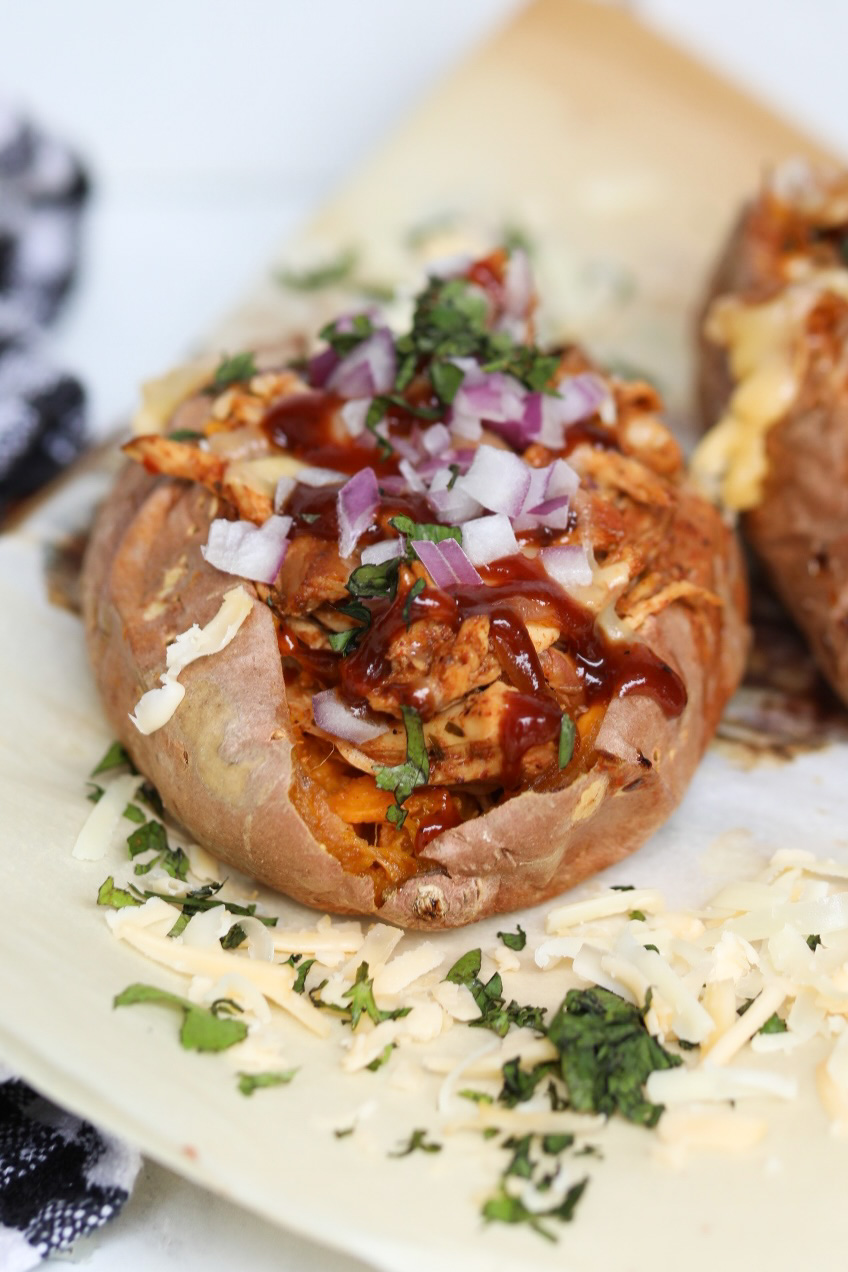 stuffed sweet potato recipe one baked sweet potato stuffed with slow cooked bbq chicken