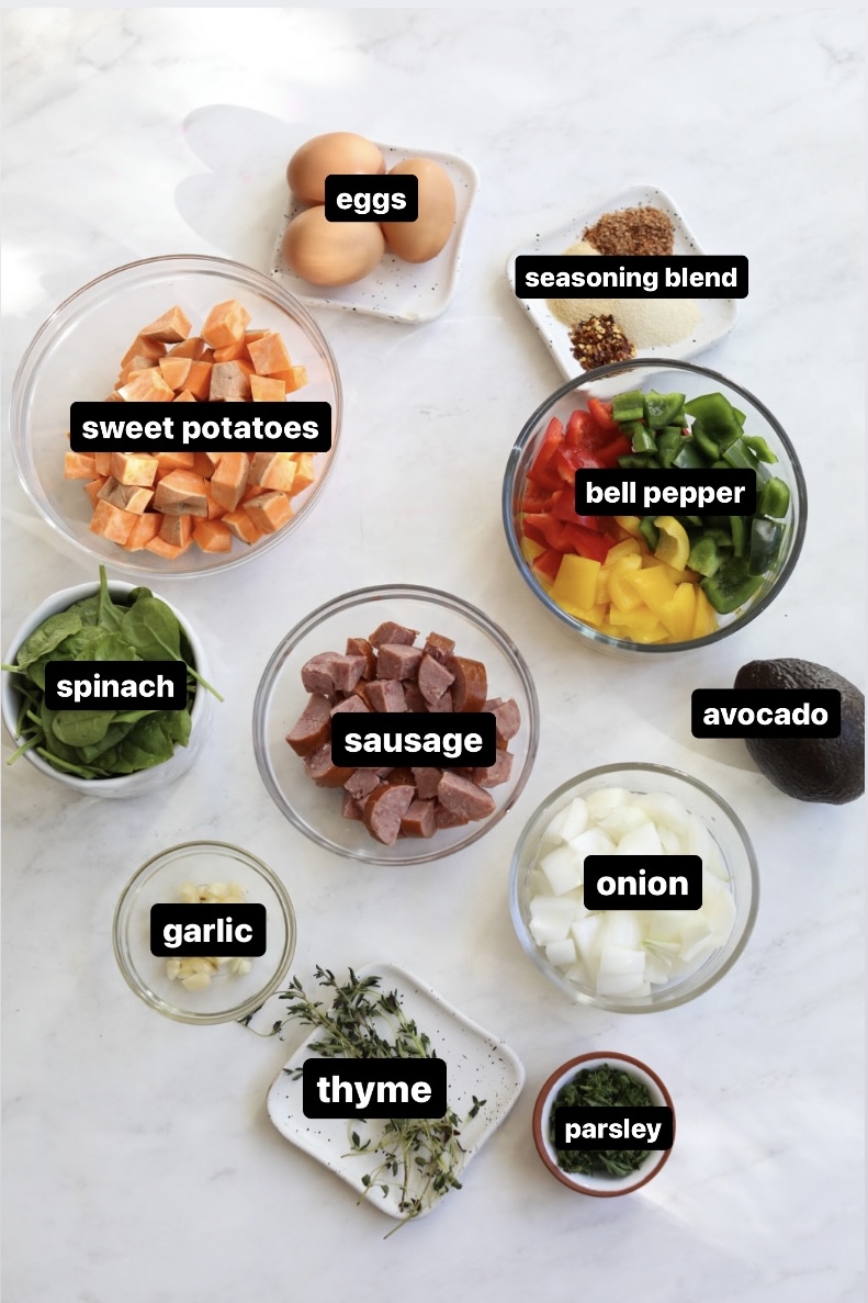 Ingredients in a flat lay for sweet potato breakfast hash recipe.