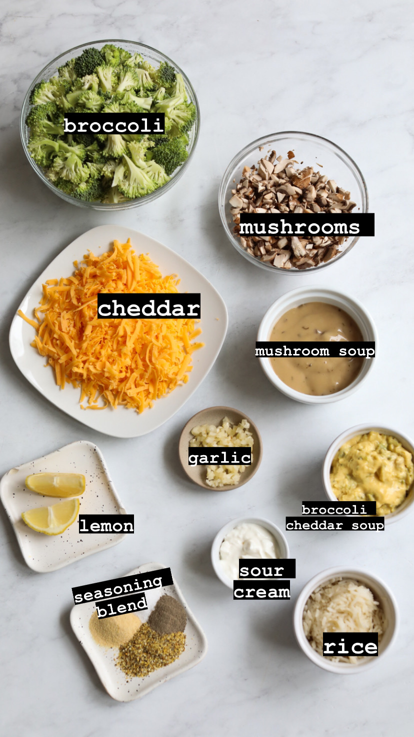 Flat lay ingredients for broccoli cheese casserole.
