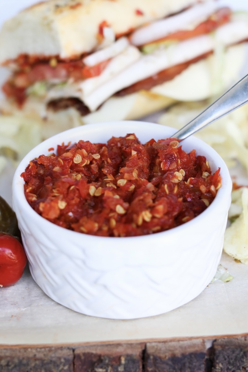 saucer full of cherry pepper relish