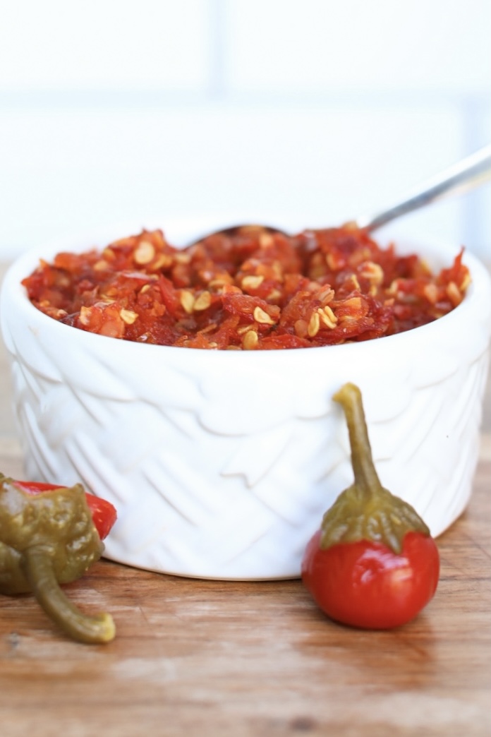 hot cherry pepper relish saucer full of cherry pepper relish