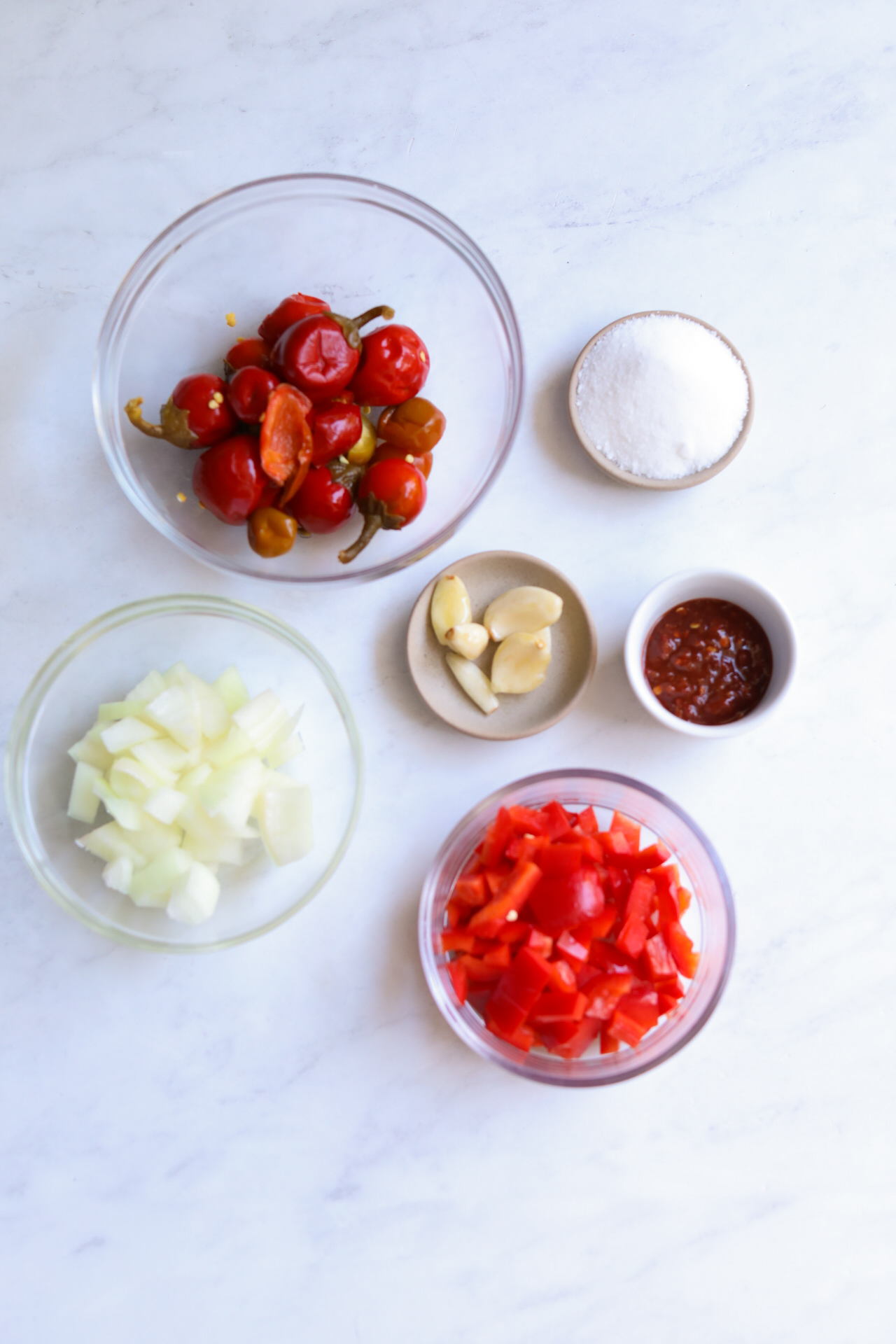 overhead view of cherry pepper relish ingredients