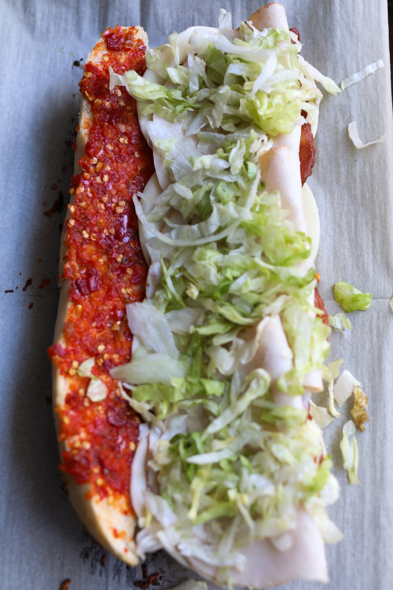 copycat Jersey Mike’s Turkey Sub assembled turkey sub with a layer of lettuce added