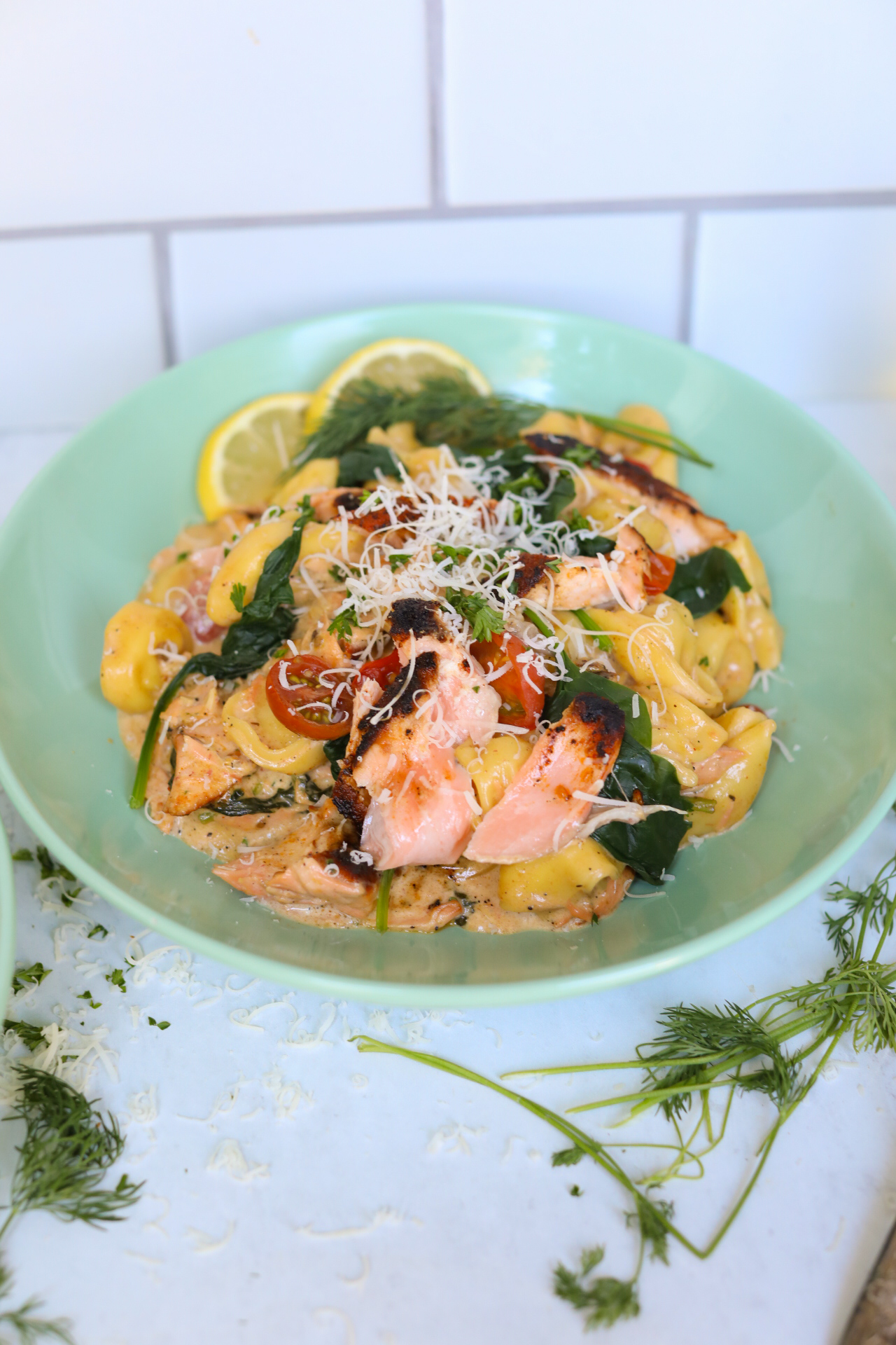 plated salmon pasta