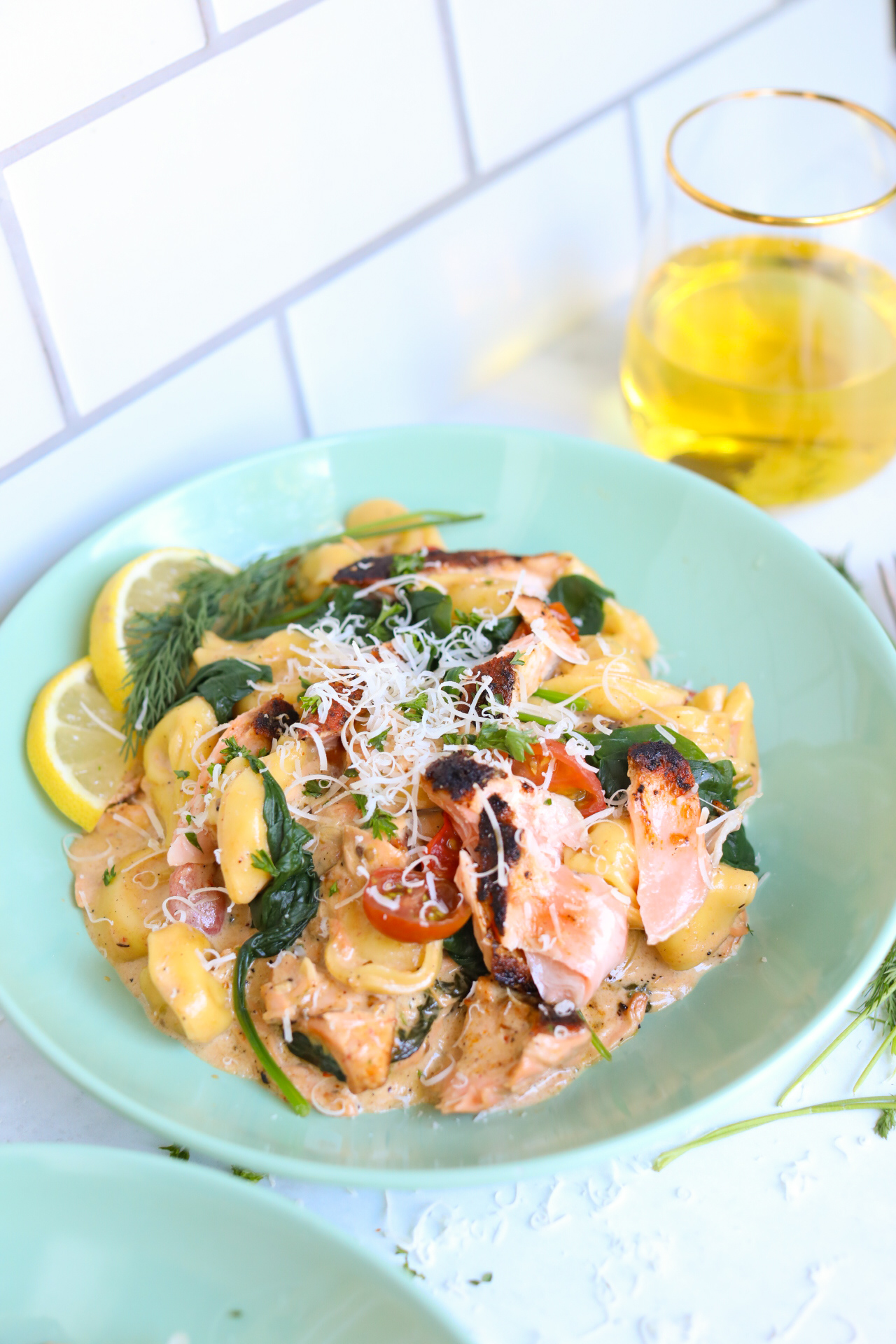 salmon spinach pasta plated salmon pasta