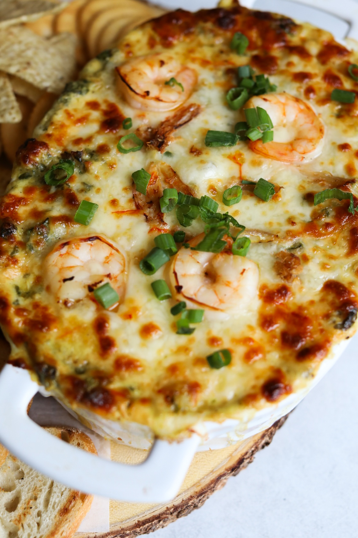 close up view of a casserole dish filled with seafood dip