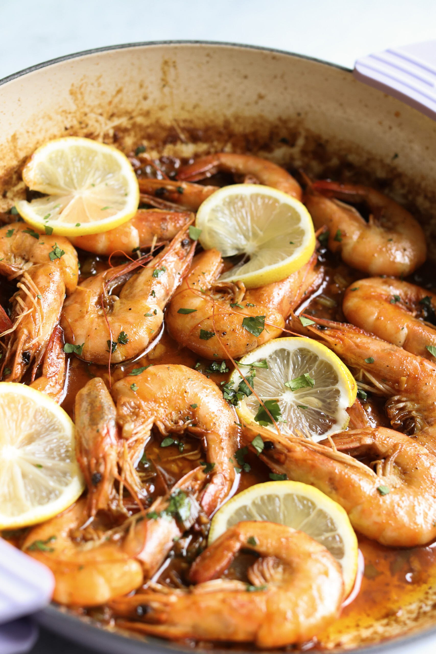 a pot full of New Orleans BBQ shrimp