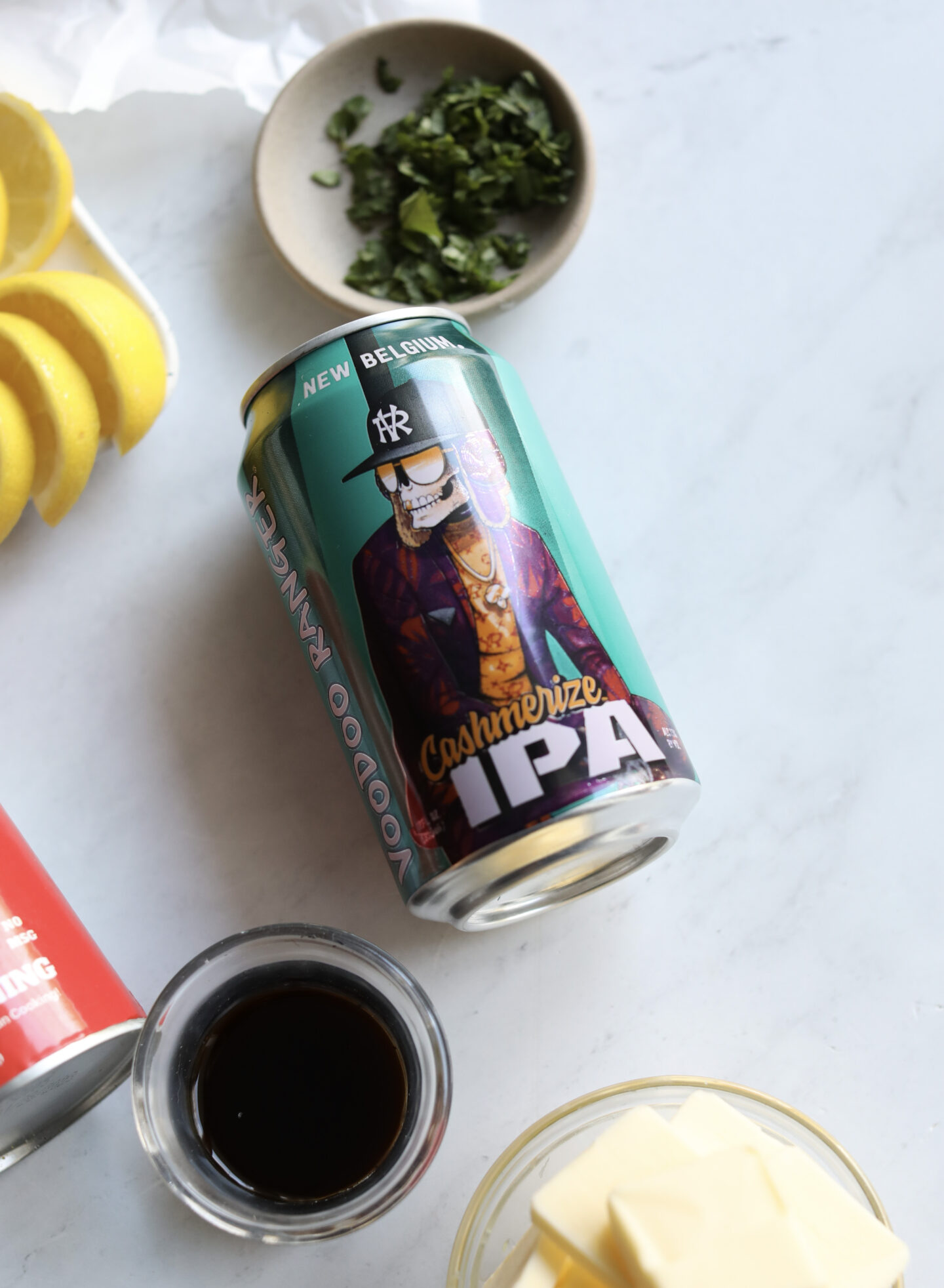 IPA beer among assorted ingredients