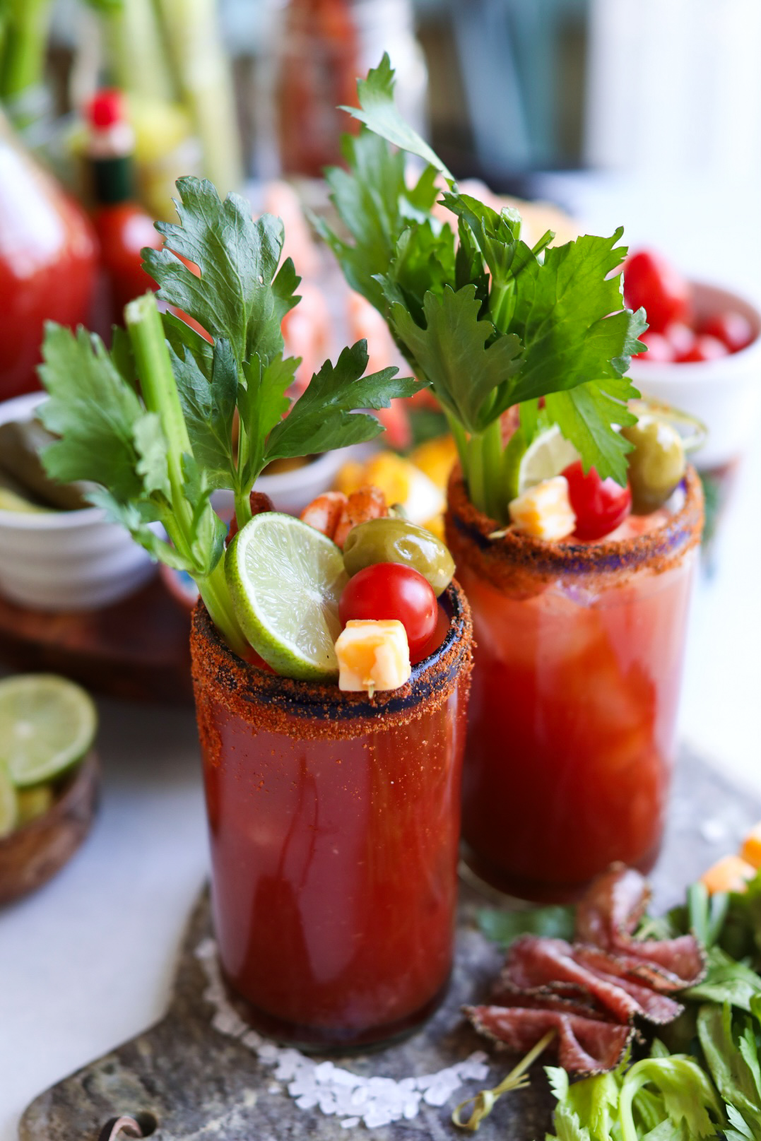 close up view of two glasses of bloody mary