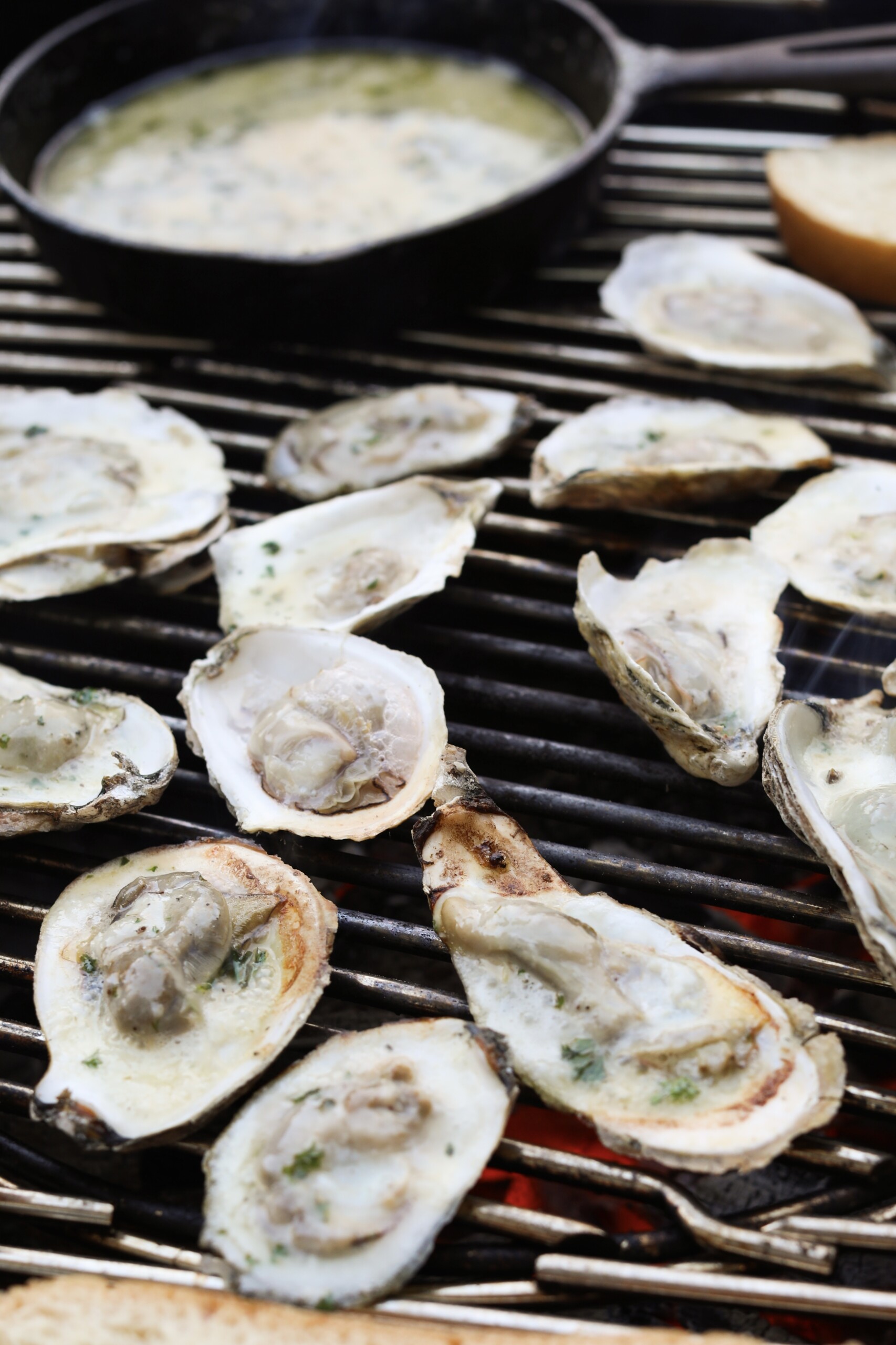 chargrilled oysters with garlic butter sauce in a skillet in the background