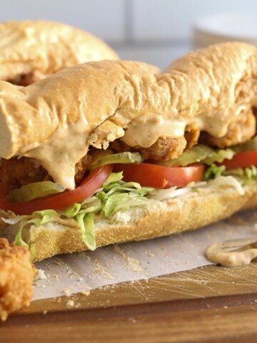 Final recipe image of shrimp po boy.