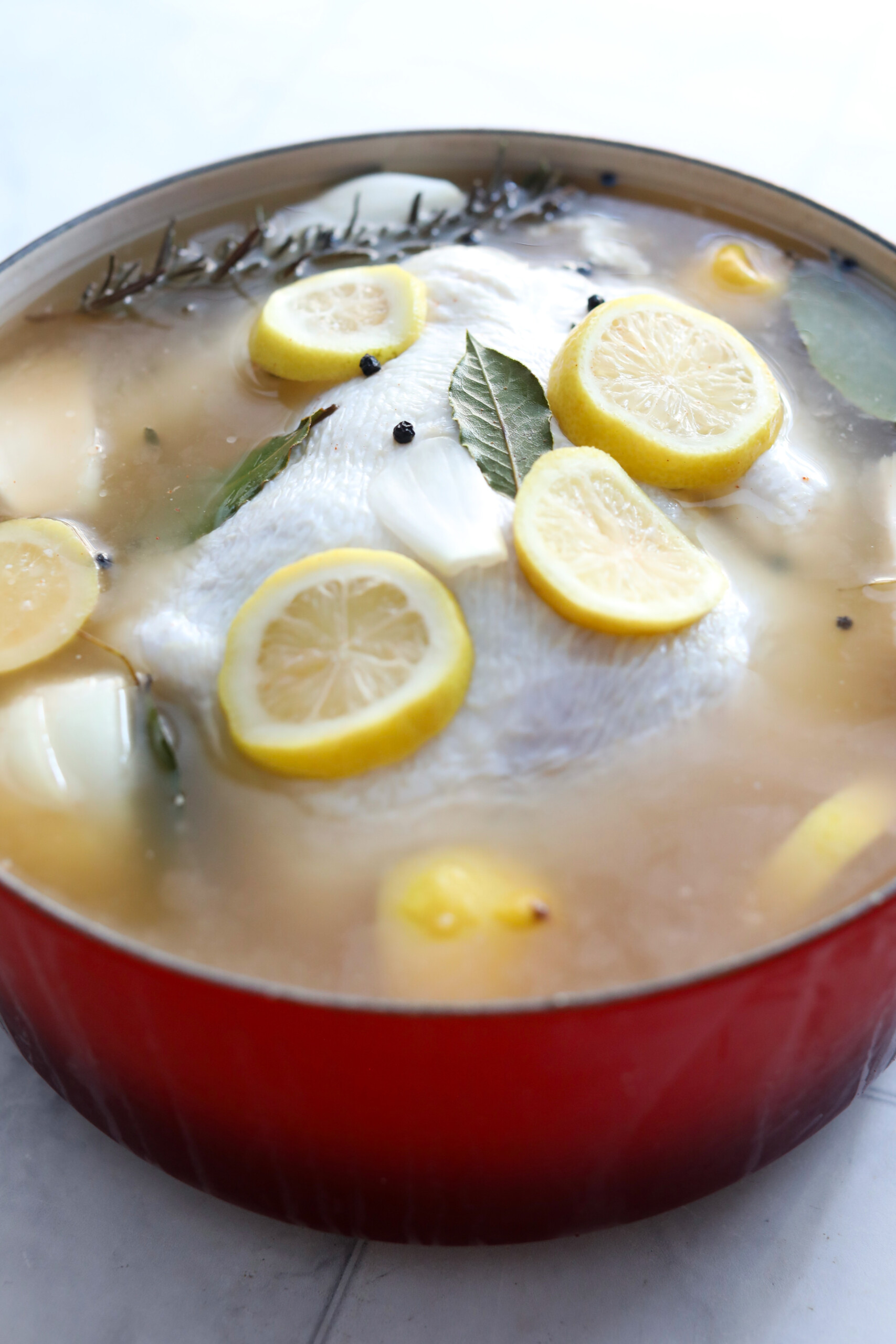 what is chicken brine A close-up of the brine mixture with floating lemon slices, onions, and aromatic herbs.
